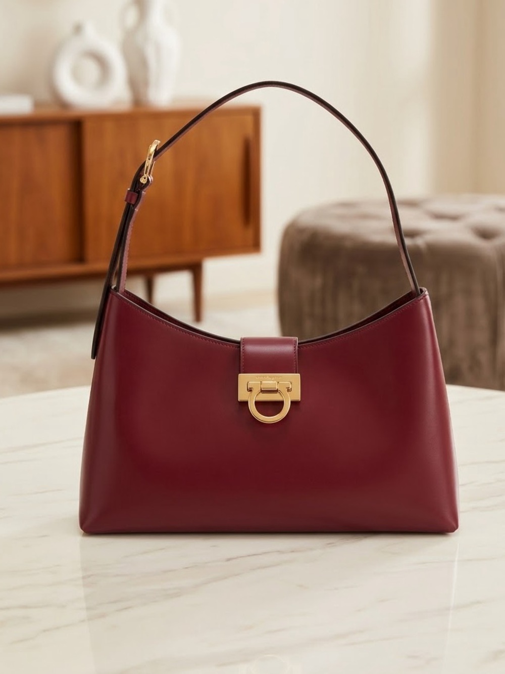 Authentic Ferragamo Trifolio Leather Shoulder Bag Raspberry Red gold Gancini